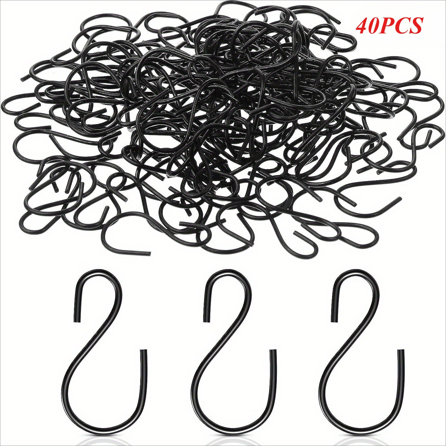 TEMU 40pcs Black Metal S-hooks With Clear Coating - Heavy Duty Curved Wall & Door Hangers, Contemporary Hooks With Sharp Tip & Rounded Back For