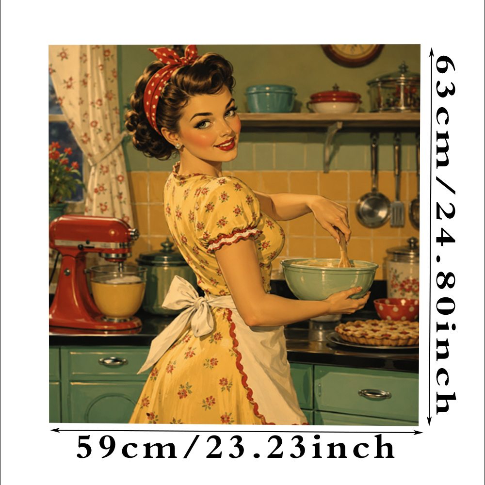 TEMU 1pc Autocollant Magnétique Réutilisable 2D Plat Femme Cuisinant dans une Cuisine Vintage, Pas de Colle , Facile à Nettoyer, Décorations pour