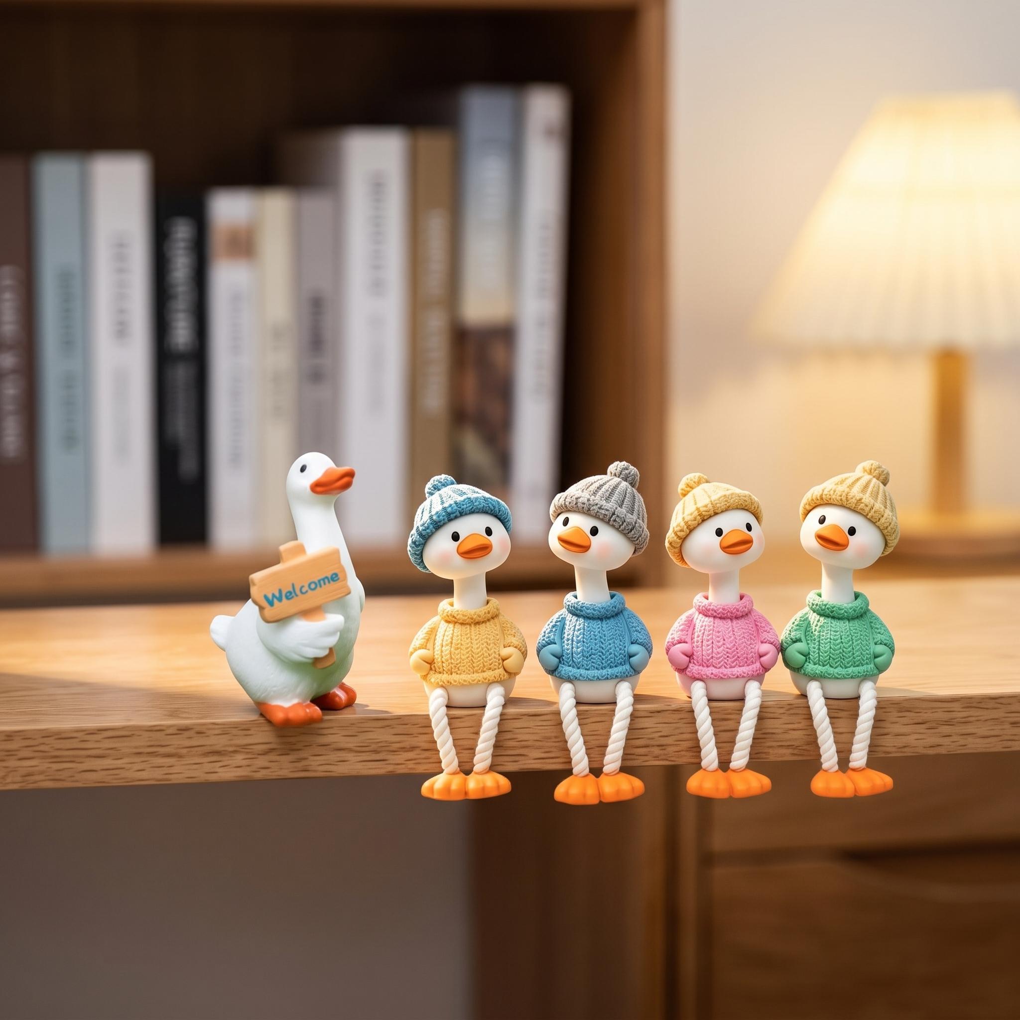 TEMU 5pcs Duck Shelf Sitter& Welcome Goose Resin Set, Cute Knit Sweater Duck Edge Hanging Ornaments, Macaron Tabletop Decor, Fairy Garden Supplies,