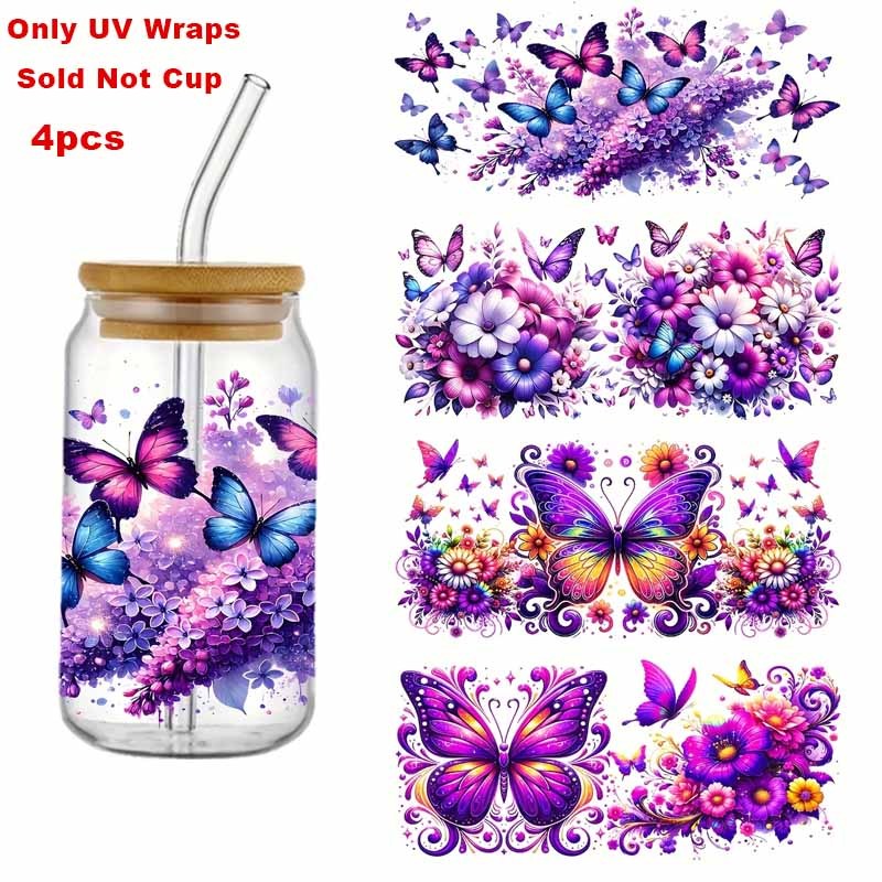TEMU 4pcs Flower Uv Dtf Transfer Self-adhesive Plastic Cup Packaging, Cup Transfer Paper, Suitable For Glass Cups And Bottles Enthusiasts ( Transfer