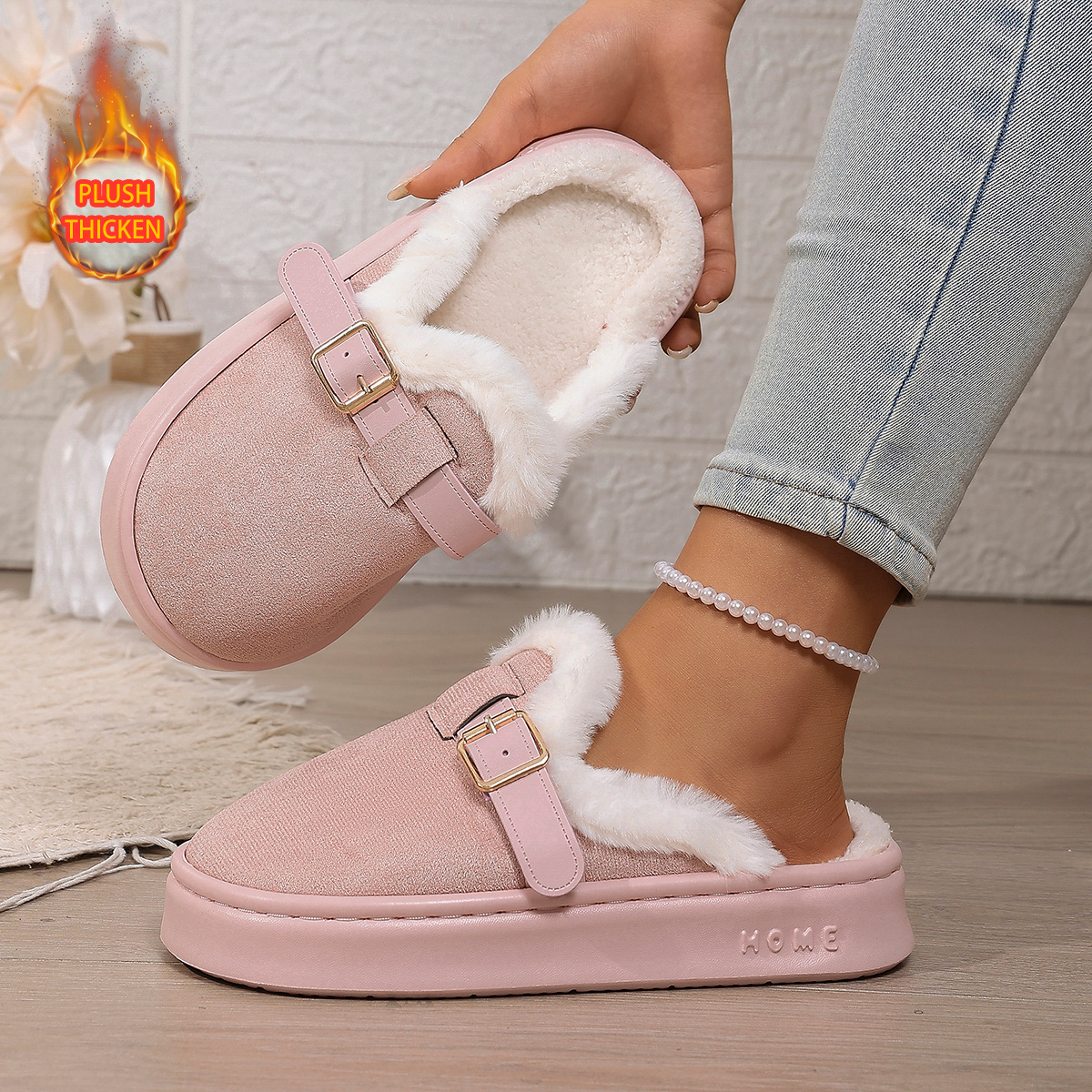 TEMU Mediaspantuflas para mujer con forro de felpa para otoño/invierno, para uso exterior, con gruesa y correa de hebilla, pantuflas cálidas para el