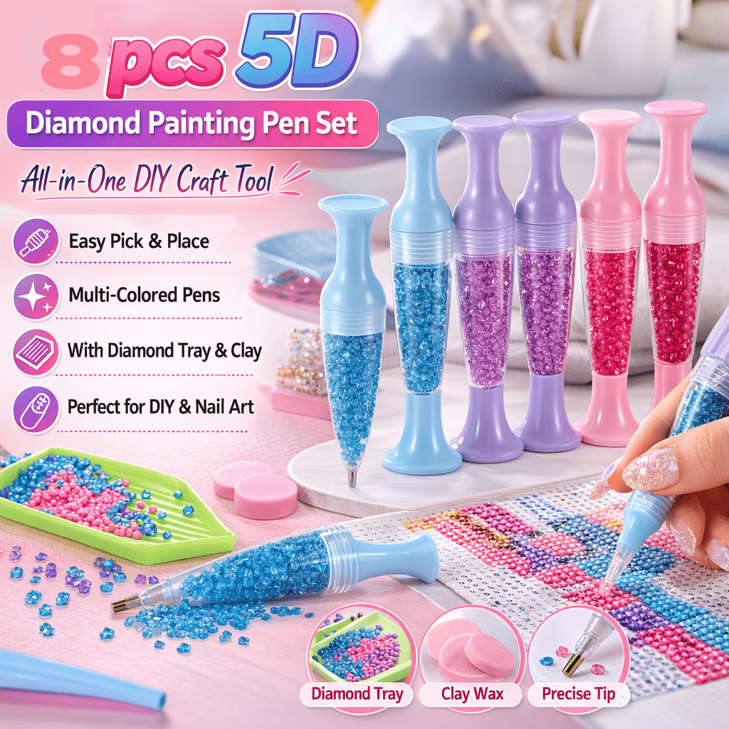 8pcs per set 5d   tool kit multi color drill pens tray and wax clay included versatile diy handcraft tools ideal for nail art and vase diamond sticking crafts