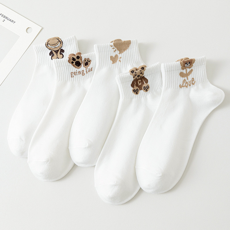 Image of 5 Pairs Of White Socks Featuring Cartoon Designs, Soft And Breathable Short Socks, Suitable For Women's Stockings And Hosiery