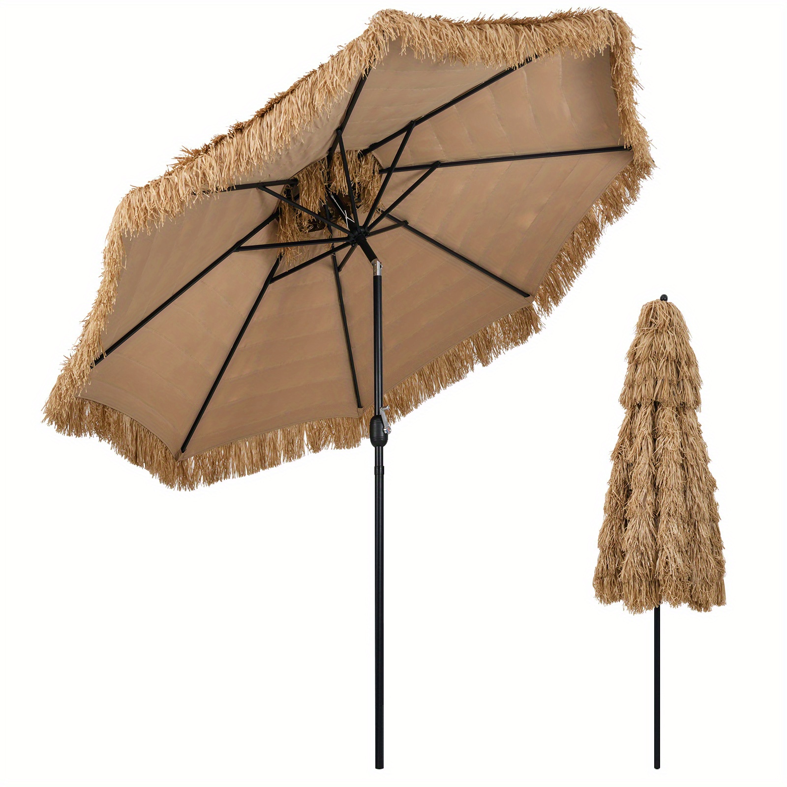 Image of 299cm Thatched Umbrella, Hawaiian Style Beach Umbrella W/ Easy Crank, Tilt Adjustment, Vented Top, 8 Ribs, Double-tier Patio Table
