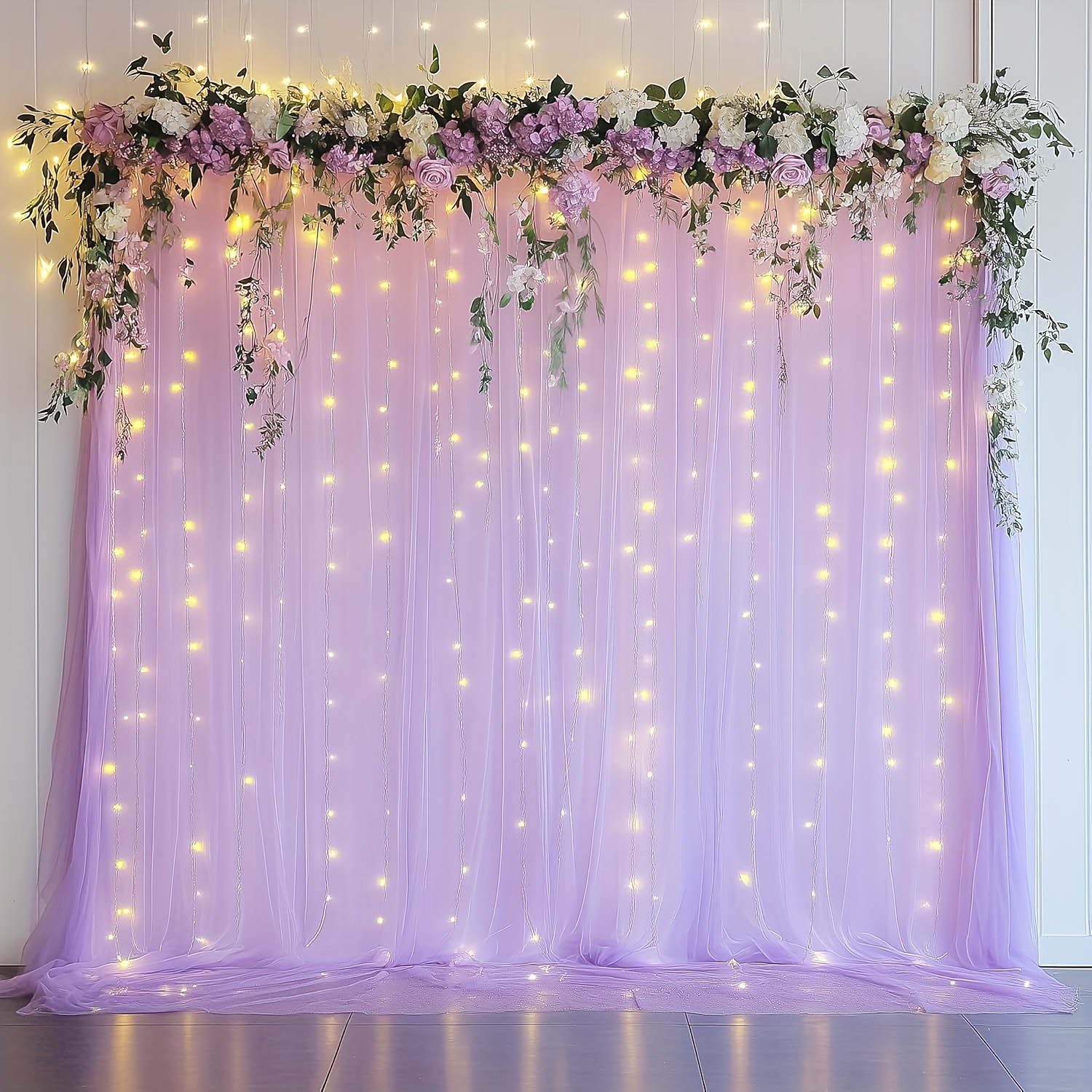 TEMU Photography Backdrop 2pcs Set Of 180*300cm/5.9x10 Feet Purple Tulle Backdrop Decoration, With 10x10 Feet String Lights, Tulle For Wedding,