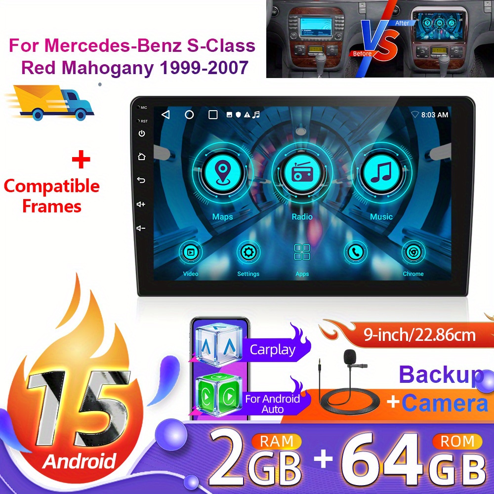 Image of 2+64g 9 Inch 15 Car Radio For Mercedes-benz Red 1999-2007 (frame Included) With Rear View Camera, Hd Touchscreen Radio With Auto Wifi Gps Eq Swc Fm And Canbus, Without Battery