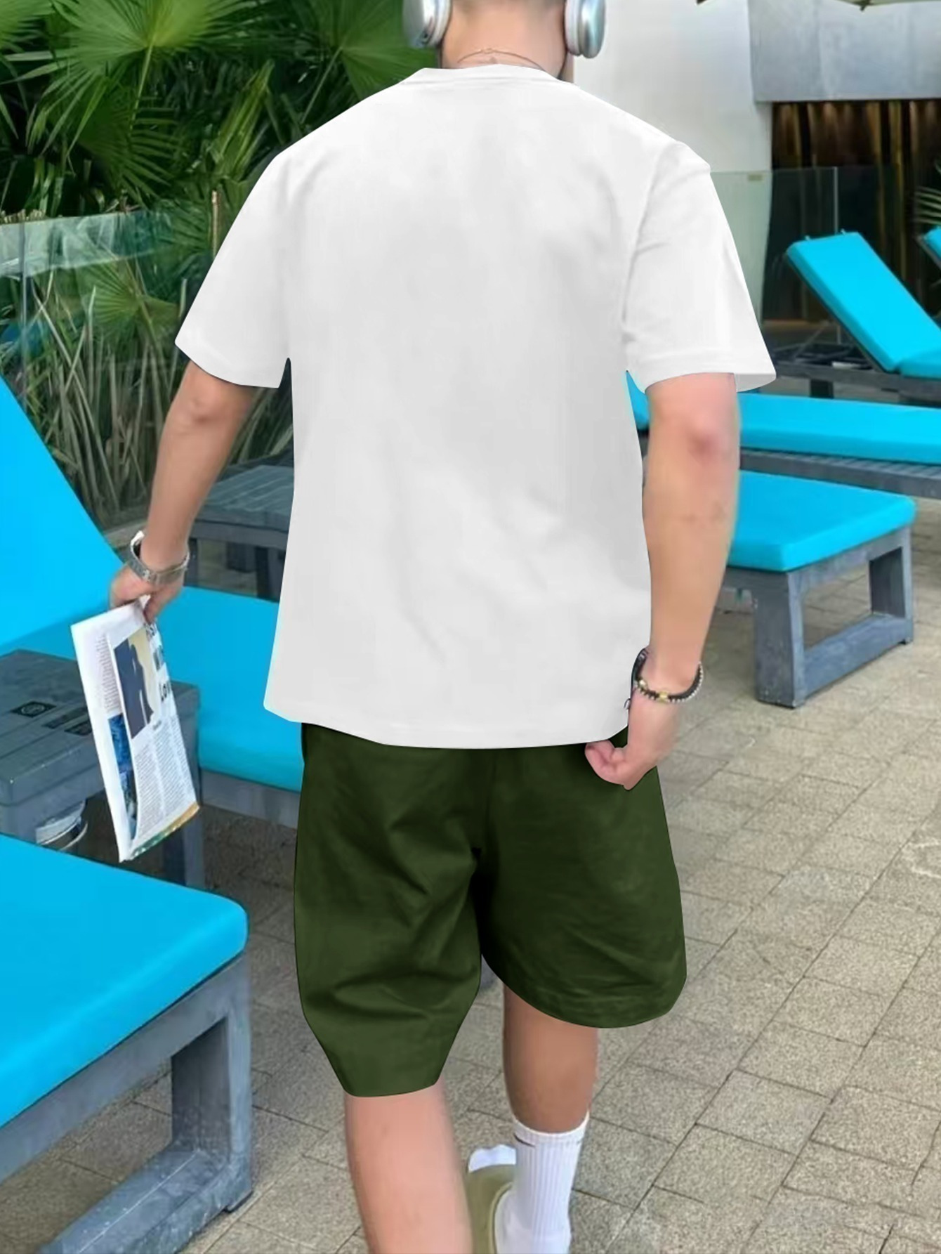 Men'S Brooklyn New York Print Cotton T-Shirt & Shorts Set - Casual Crew Neck, Short Sleeve, Loose Fit, Summer Outfit with Pockets, White with Green Lettering, Beachwear Clothing|Relaxed Fit Shorts|Pocketed Tshir