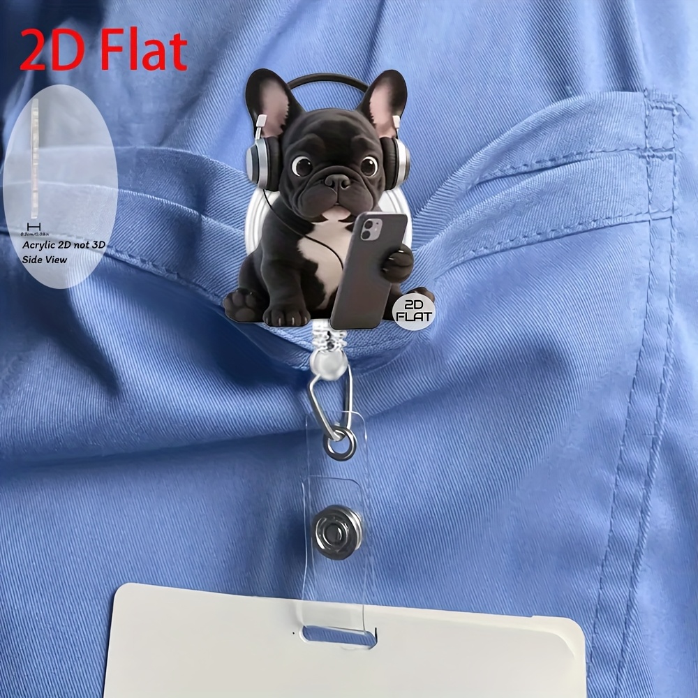 TEMU 2d Flat Wearing Headphones And Playing With Phone Retractable Badge Clip, Durable For Office Nurses, Students, Doctors, Nurses, Lpn, Medical -