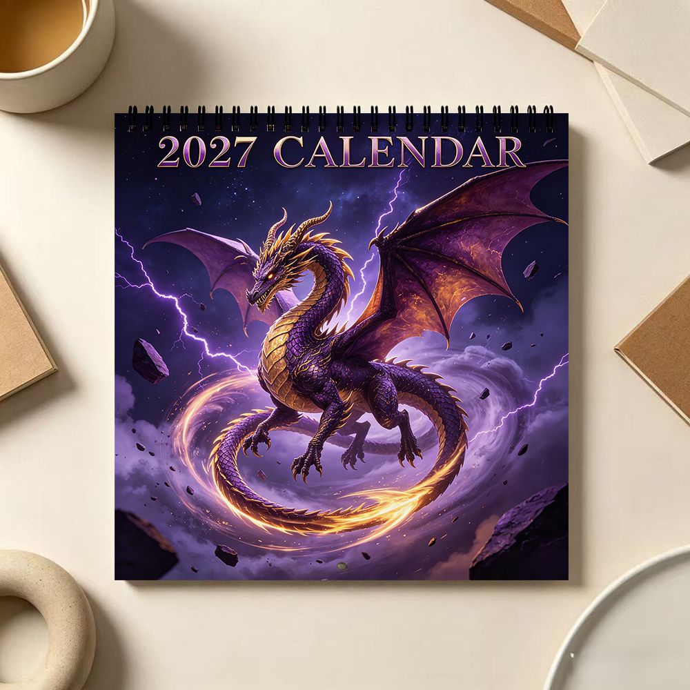 TEMU 1pc, 2027 Purple Dragon Calendar 8.3*8.3 Inch Cool Thunder Art Print Wall Calendar Home Office School Wall Decoration Calendar Suitable For