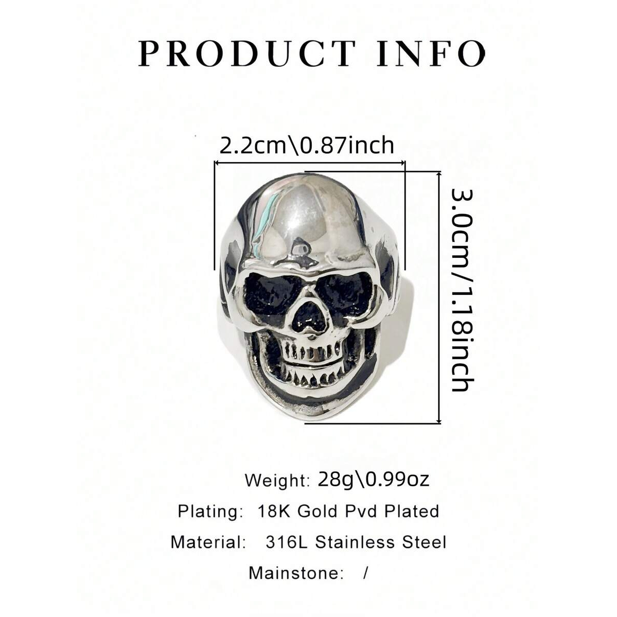 Vintage Gothic Skull Stainless Steel Ring, Halloween Style