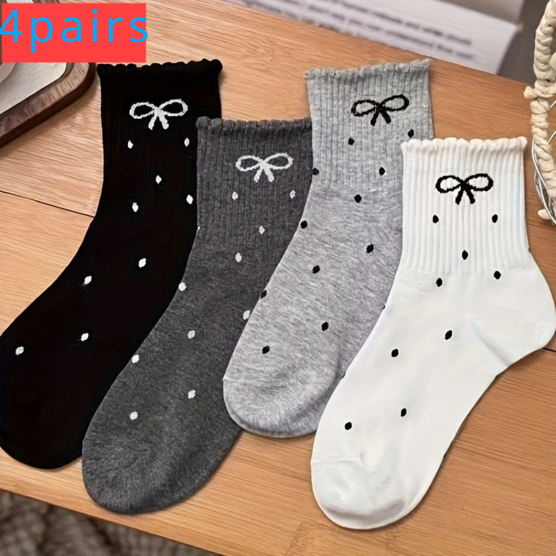 4pairs Bow And Polka Dot Printed Socks Crease Mid-tube Sports Casual Socks