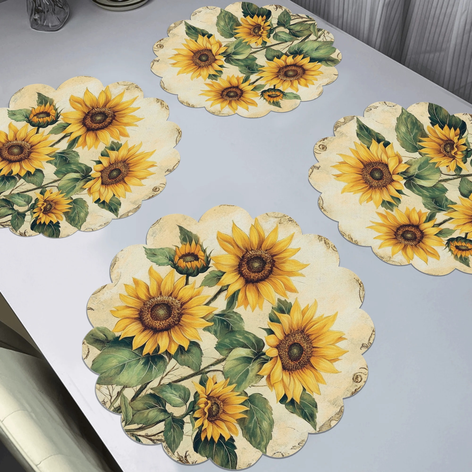 

Spring Sunflower Theme Table Mats, 4pcs, Anti-slip, Easy To Clean, Hd-print Polyester, Machine Washable, Dinner Parties And Home Decor, 15x15in, Sunflower Kitchen Decor