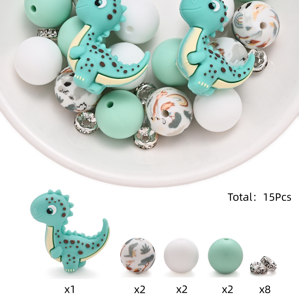 TEMU 15pcs Animal Silicone Bead Set Colorful Dinosaurs With Printed Beads Suitable For Home Decoration Making Bracelet Necklace Beaded Pen Mobile