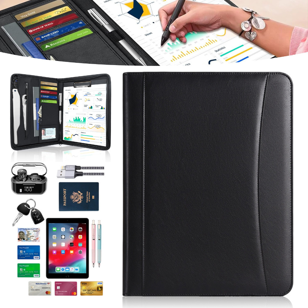 A4 Writing Case With Zip, Conference Folder With Writing Pad, Clipboard, Document Folder For Office, Meetings, Briefcase For Interviews, Workbook For Students, Doctors, Black