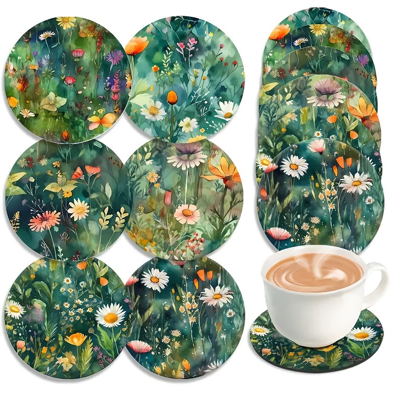 TEMU 6pcs Wood Coasters Suitable For Patio Tables, Kitchens, Living Rooms - Leaf Floral Coaster Set With Botanical Table Protectors, Gift For Decor