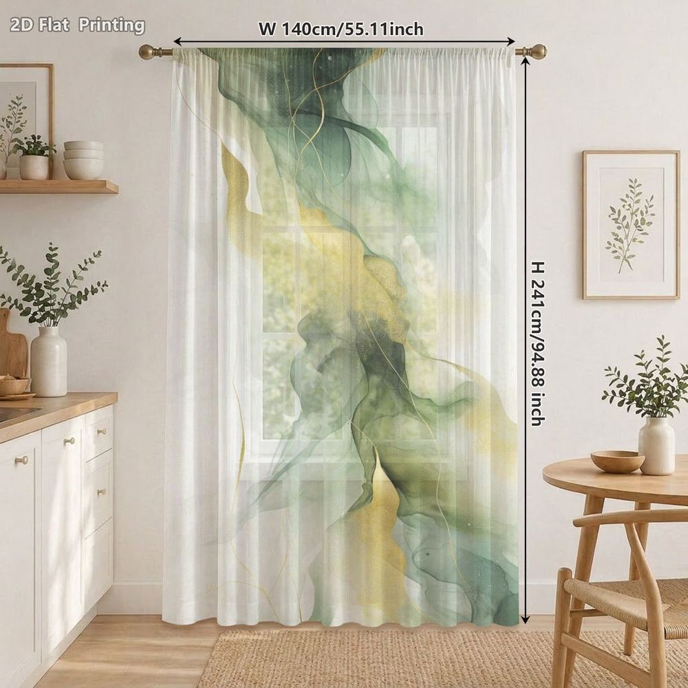 TEMU 1pc Ethereal Flowing Translucent Polyester Curtain Featuring Soft Sage Green, Green, Muted Golden, And Pale Yellow Abstract Pattern, Ideal For