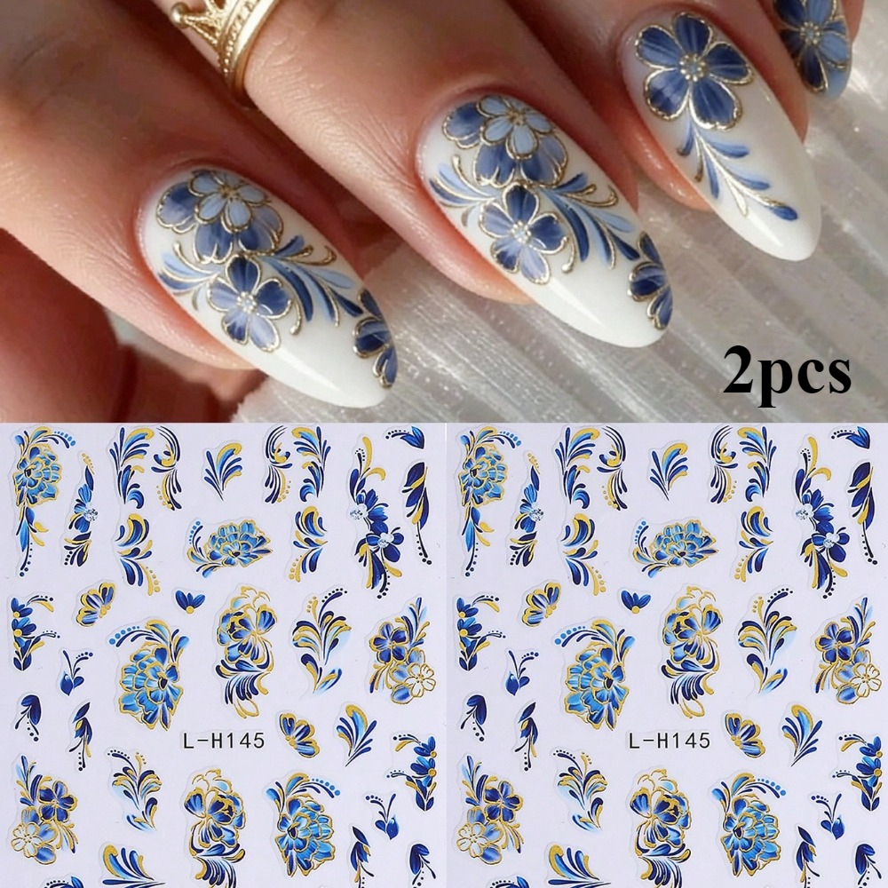 2pcs Blue Floral Ceramic-style Nail Stickers, Blue Floral Vine Pattern Nail Stickers, Self-adhesive 3d Sliding Nail Decorations, Women's Nail Accessories.