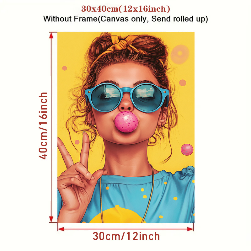 TEMU 2d 1pc, Vibrant Canvas Art Print, Girl With Blue Glasses & Bubble Gum, Modern Wall Decor, Peace Sign Gesture, No Frame, Ideal For Living Room,