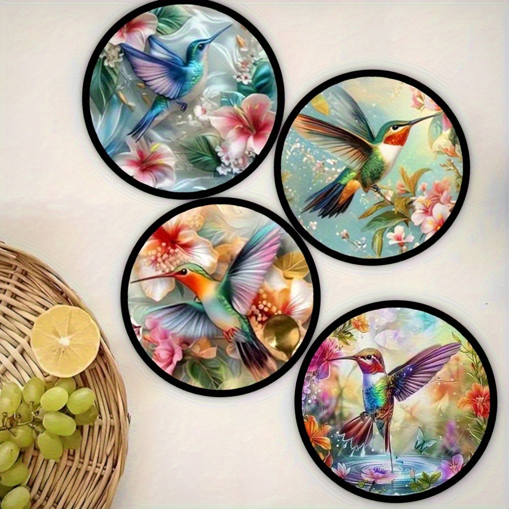 TEMU 4pcs Hummingbird And Floral Wooden Coasters - Watercolor Design, Suitable For Coffee Table, Kitchen, Office Desk, Bedroom Decor - High-quality