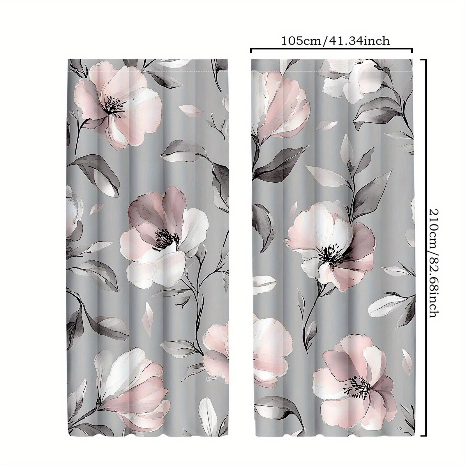 TEMU 2pcs Gray And Pink Floral Curtains - Rod , Fade-resistant Polyester With Pattern For Living Room, Kitchen, Bedroom Decor, Curtains For Living