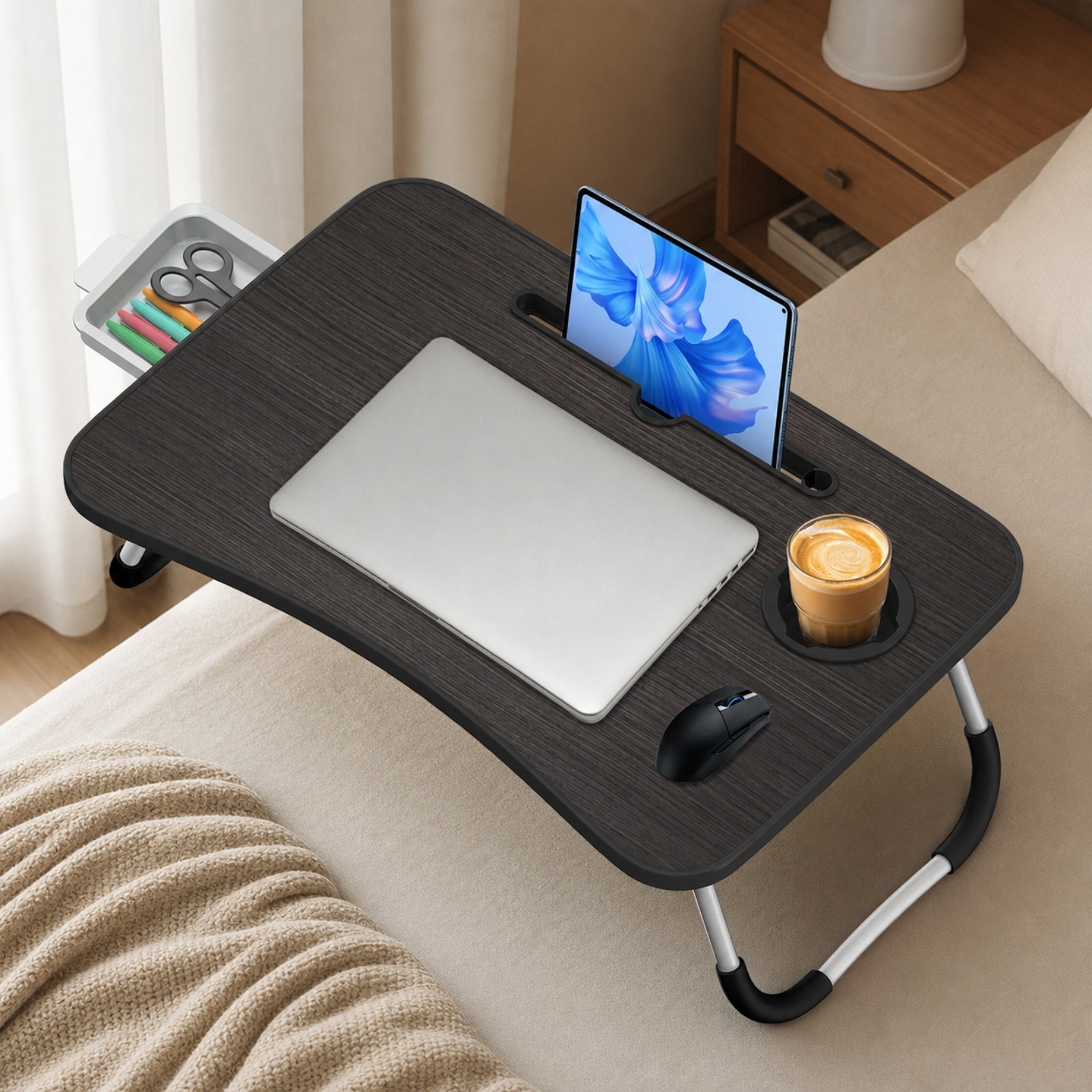 Image of Foldable Laptop Bed Table With Cup Holder Tablet Slot Storage Drawer Portable Multifunctional Lap Desk For Bed Sofa Floor Home Work Reading Breakfast
