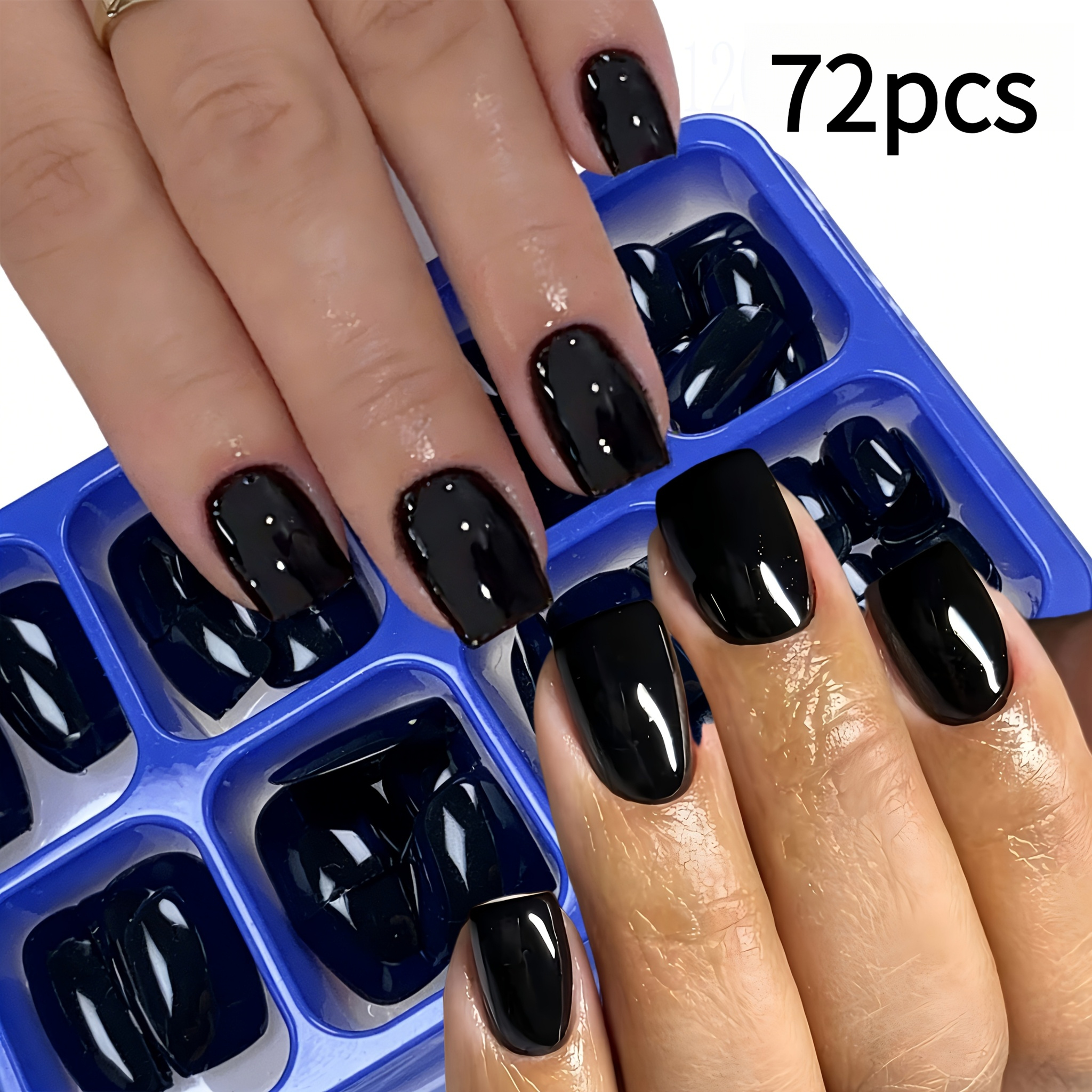TEMU 72 pezzi/scatola Unghie finte nere corte quadrate, unghie finte a con 12 misure adatte per l'uso da ufficio da donna, unghie finte eleganti
