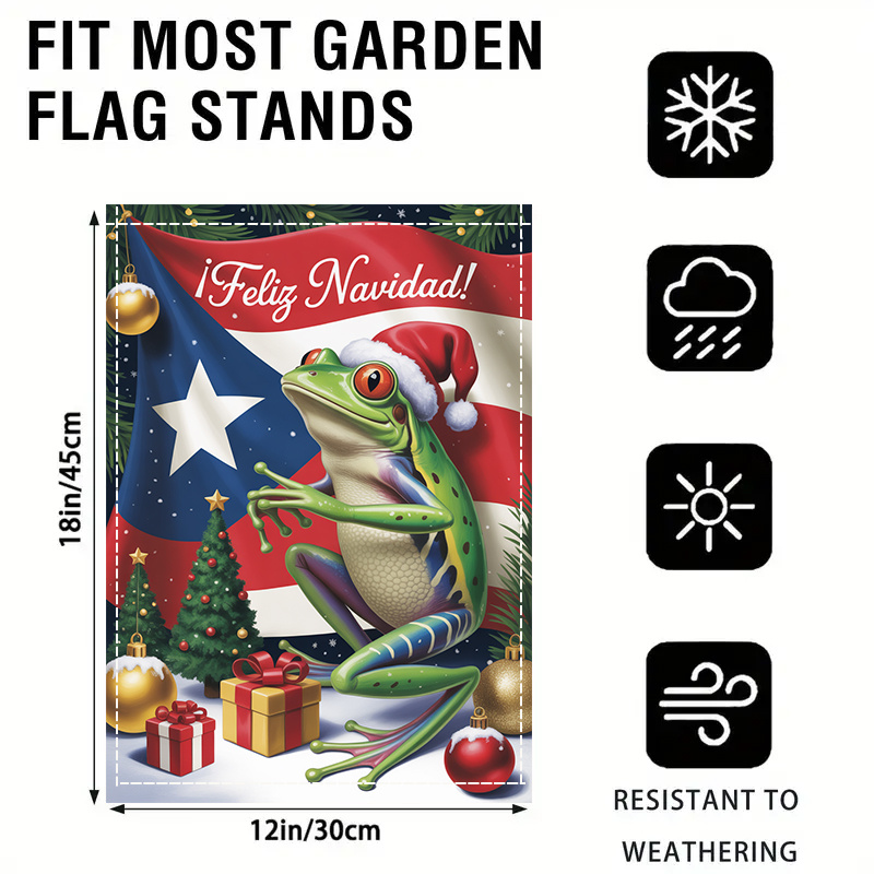 TEMU 2d Flat, 2d Flat 1pc, Christmas Greeting With Frog And Puerto Rican Flag, Double-sided, Washable, Multi-functional Festive Yard Decoration Flag,