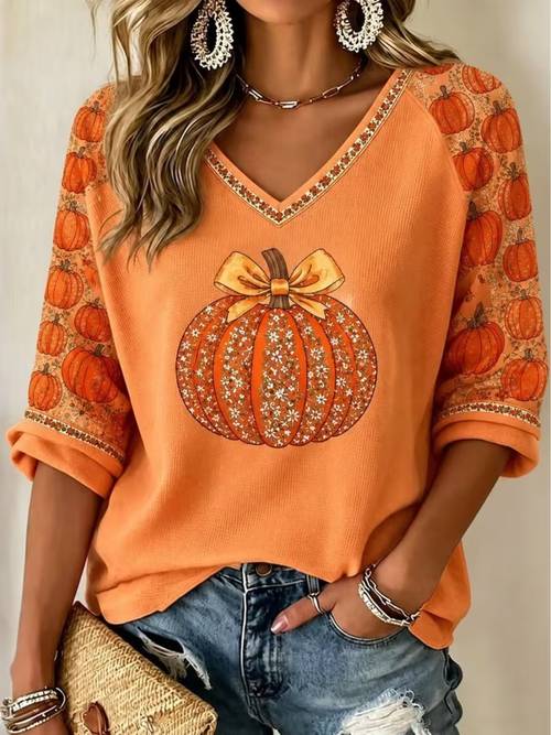 item picture women cozy neck 3 4 sleeve t shirt casual loose top autumn thanksgiving floral pumpkin bow graphic printed tee high recommended fall wear
