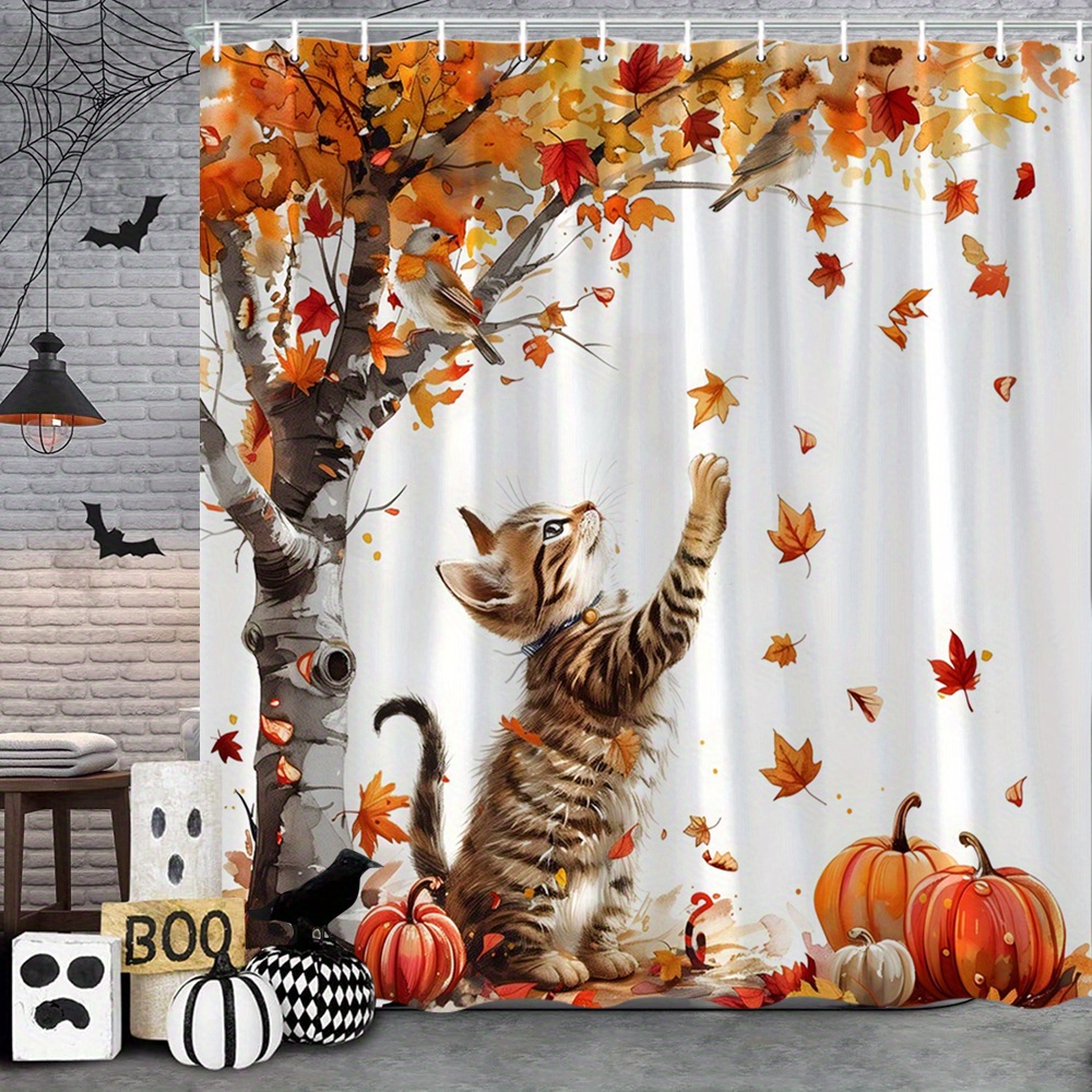 TEMU 1pc Autumn-themed Shower Curtain Featuring An Adorable Kitten Playing With Falling Leaves And Pumpkins, Perfect For Bathroom Decor. Made Of