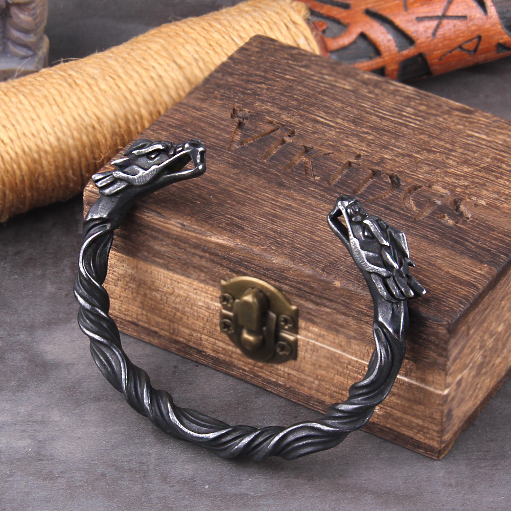 Grey Nordic Viking Dragon Pattern Bracelet For Men