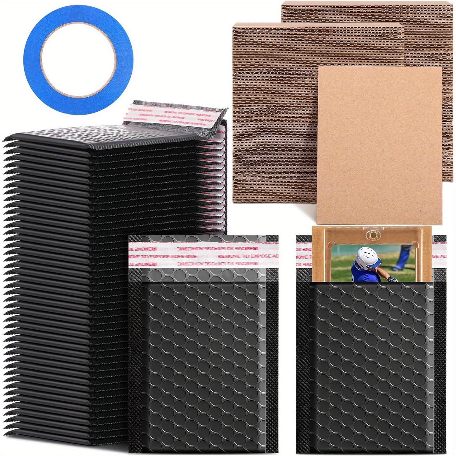 E-shop 301-teiliges Sammelkarten Versand Schutz Set, Vier Farben, Inklusive 200 Wellpappe Kartonblätter Einlagen, 100 Poly Bubble Mailer Gepolsterte