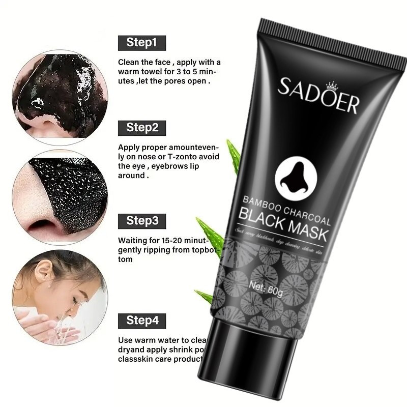 SADOER Bamboo Charcoal Black Mask - Deep Cleansing Pore Minimizing Face Mask, Non-Latex & Hypoallergenic, Unscented Formula for All Light Beige Types, Oil Control, Men & Women