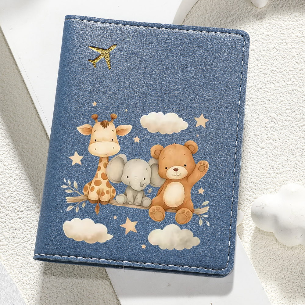 E-shop Passhülle mit Cartoon-Print - Niedliche Giraffe, Elefant und Teddybär mit Sternen und Wolken Reise Organizer - Geburtstagsgeschenk für Frau,