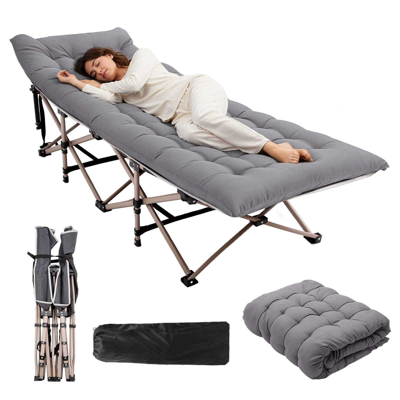 Folding Bed With Mattress, Camping Cot, Collapsible For Garden, Camping, Beach, 185 × 72 × 37cm