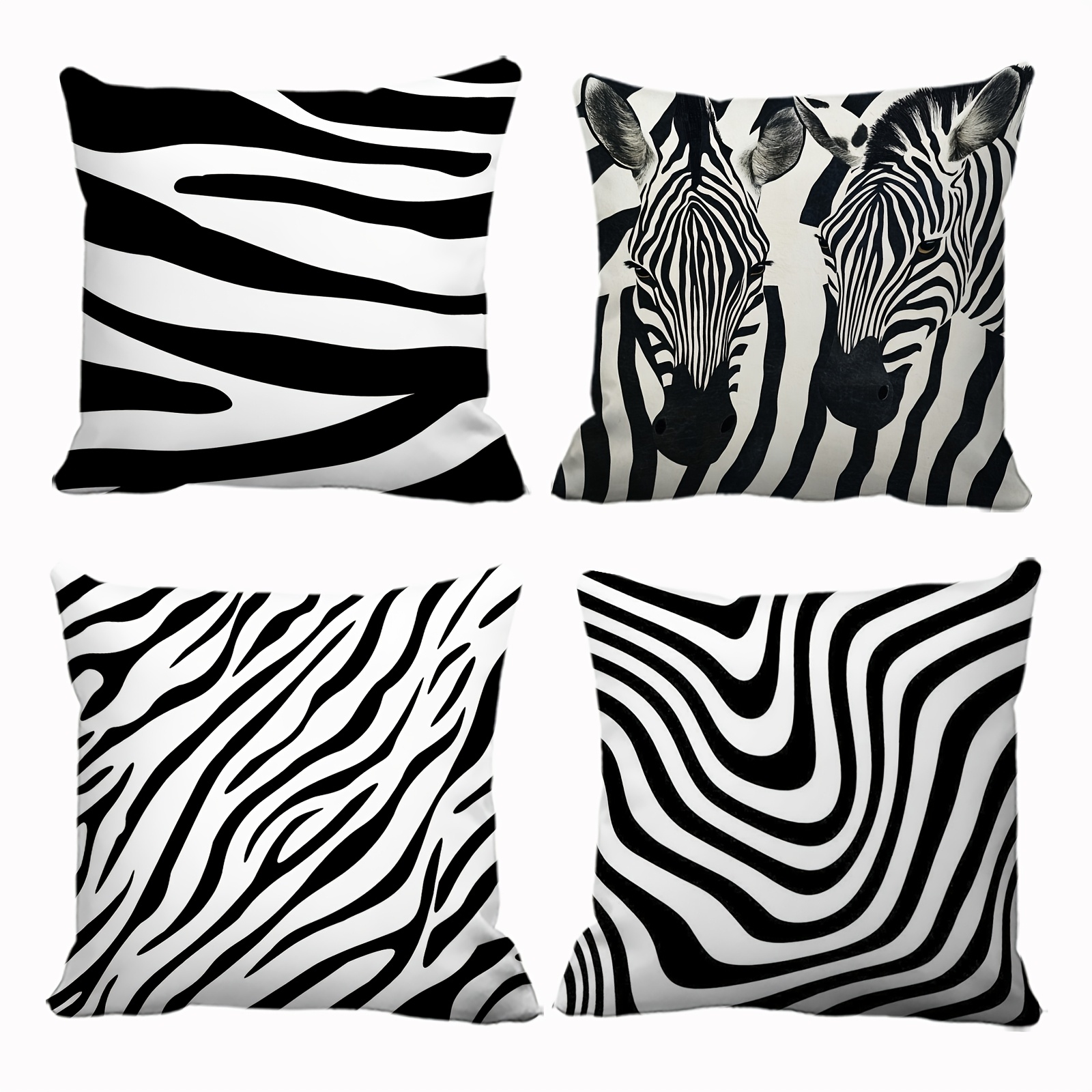 TEMU 4pcs Modern Zebra Print Pillowcases, Black And White , Hand Wash Polyester, Sofa Covers With Zipper, For Living Room, Bedroom, Holiday Parties,