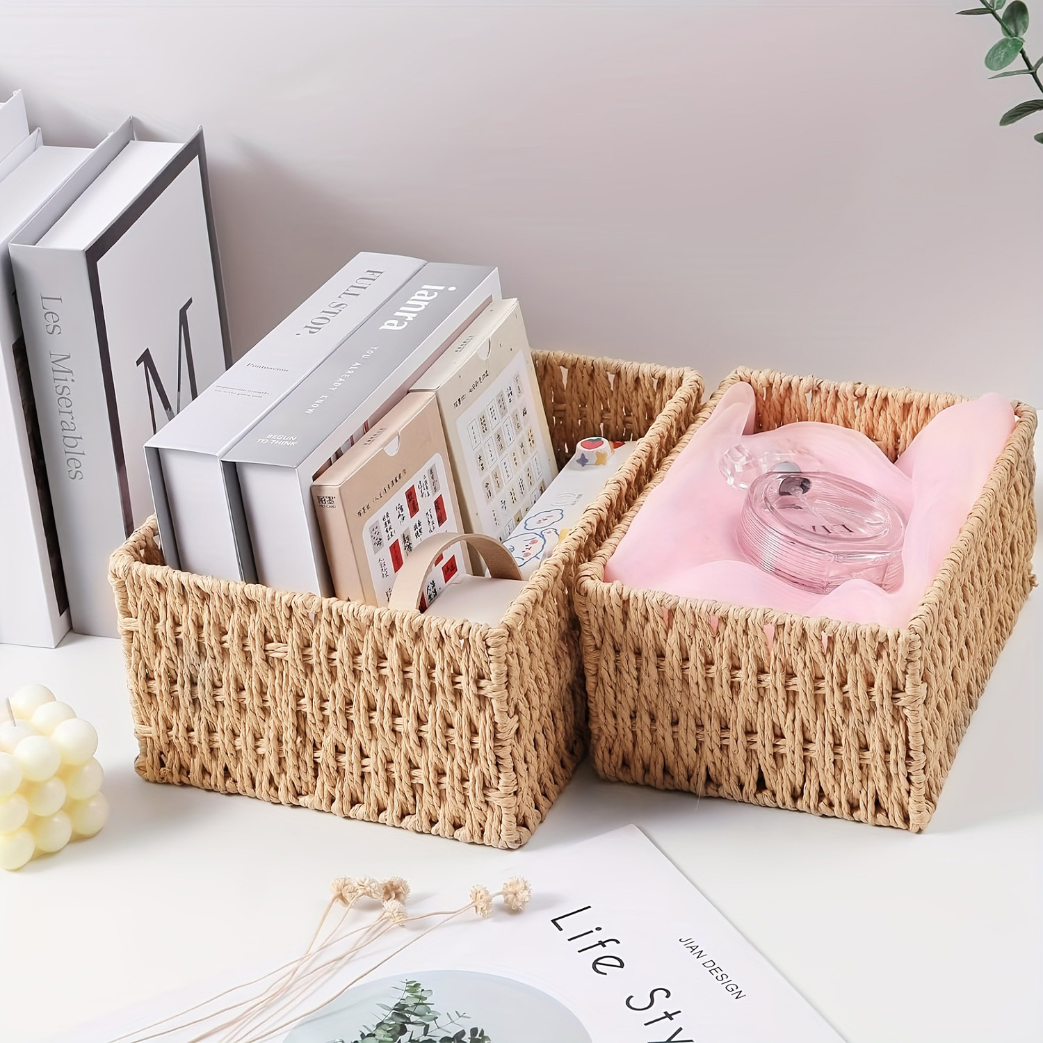 

3pcs Paper Rattan Basket 3 Different Sizes Of Baskets Hand- Basket For Cosmetics Tabletop Storage, Shelf Baskets