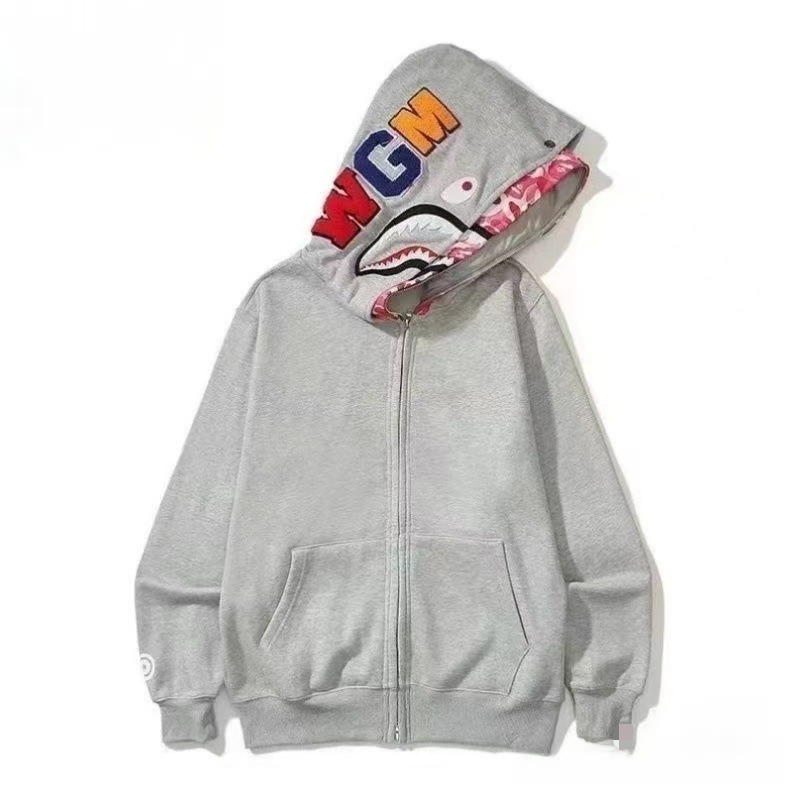 Men'S & Unisex Shark Graphic Zipper Double Hoodie Jacket | 3D Shark Head & Ape/Human Design, Loose Fit Batwing Sleeves, Light Gray Pink Camo Print, Machine Washable, Casual All-Season Outerwear, Fashion Old School Vibe Hoodie