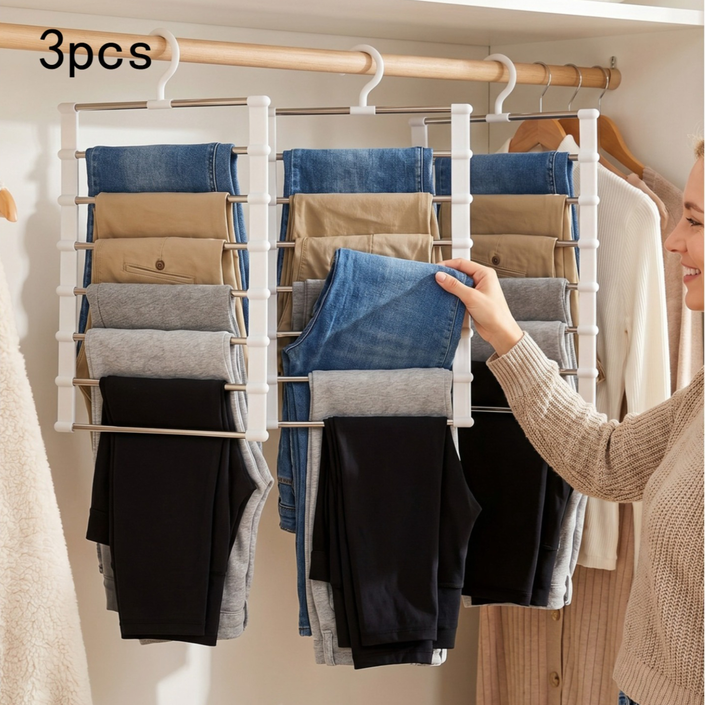 TEMU 8-bar Stainless Steel Trouser Racks - A Multifunctional, Space-saving Wardrobe Organizer Featuring A Non-slip, Stackable Design, Designed For