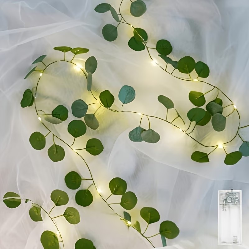 TEMU 118inch 30leds Battery Powered Artificial Eucalyptus Leaf Vine Garland String Lights, Warm White Light, Suitable For Valentine's Day, Weddings,