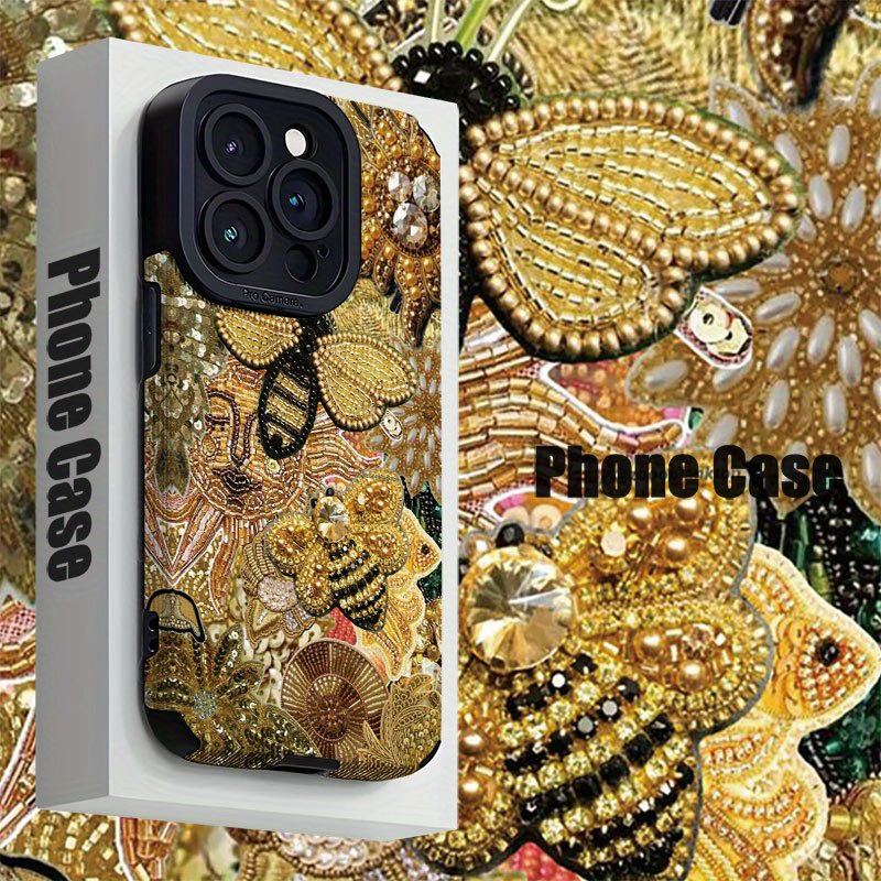 Golden Bee Floral Pattern Personalized Phone Case for Iphone 16/Iphone 16 Pro/Iphone 16 Plus/Iphone 16 Pro Max/Iphone 15/15 Plus/15 Pro/15 Pro Max, Iphone 14/14 Plus/14 Pro/14 Pro Max, Iphone 13/13 Pro/13 Pro Max, Iphone 12/12 Pro/12 Pro Max, Iphone 11/11 Pro/11 Pro Max, Dirt-Resistant, Shockproof, And