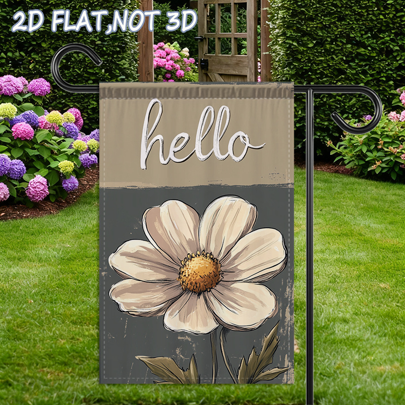 TEMU 2d Flat, 2d Flat- 1pc Double-sided Garden And Mailbox Flag, Elegant And "hello" Greeting& Brown Daisies On A Dark Gray Background, Durable