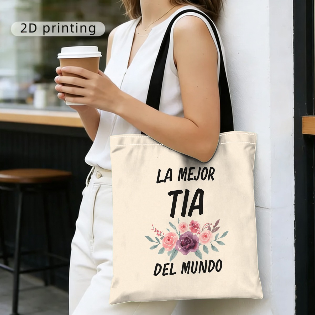 TEMU Bolso Tote de Mujer con Diseño Floral Estampado 2D "LA MEJOR TIA DEL MUNDO", Ideal para Uso Diario o Regalos, Bolso de y Elegante para Mujeres