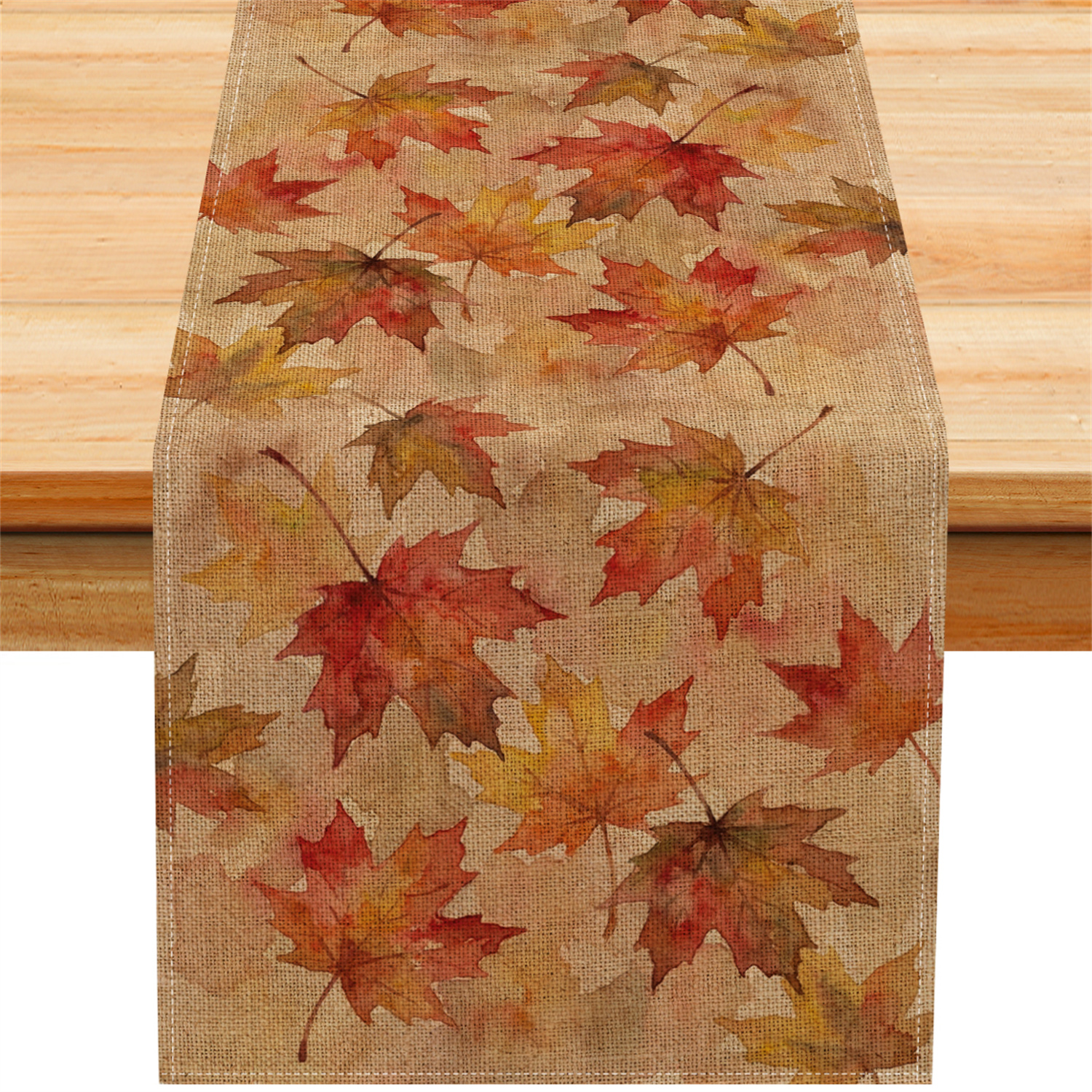 TEMU 1pc Fall Table Runner With Burlap Texture & Watercolor Maple Print - Scattered Multicolor Patterns Suitable For Farmhouse Table Decor, Rustic
