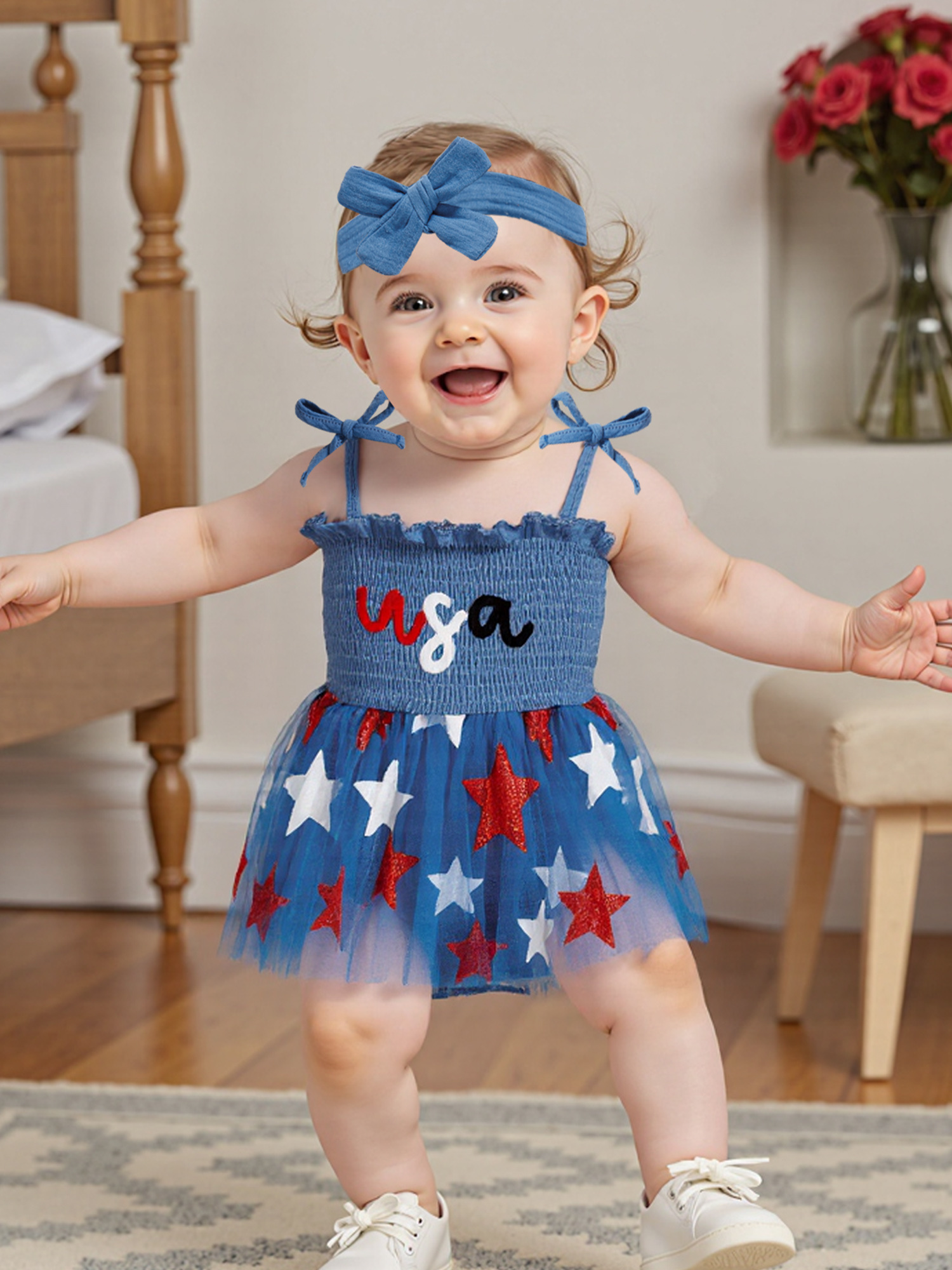 Robe Barboteuse Fille pour le Imprimé Étoiles Patriotique Manches  avec Bandeau, Broderie USA, Coupe Lavable en Ma