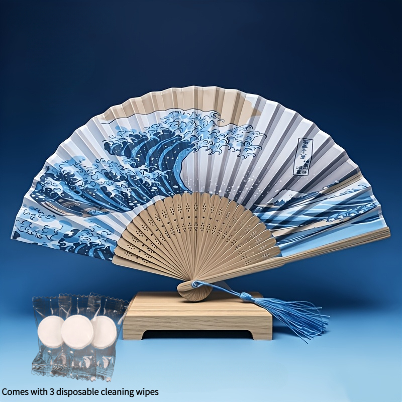 TEMU 4pcs, (1pc Traditional Folding Fan From Sea Area And 3pcs Disposable Towels), Elegant Tassel Hand Fan, With Art Pattern, Suitable For Dance,