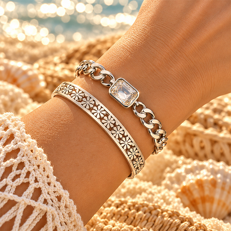 2pc Adjustable Chunky Chain & Floral Carved Bangle Set