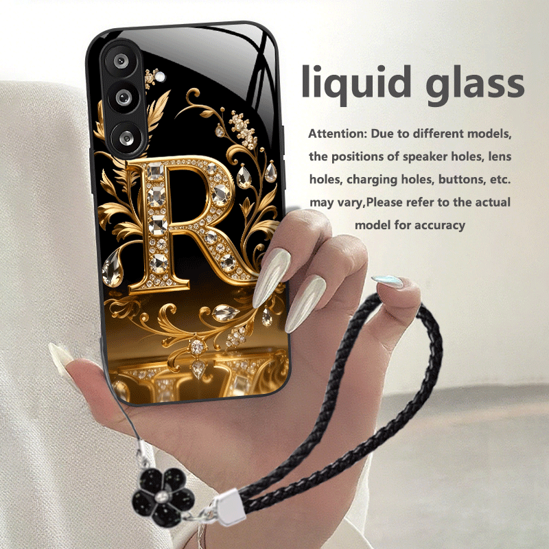 TEMU Phone Case: Golden Diamond Letter R Pattern White Light Glass Phone Case, Light Luxury High-end Feel, Suitable For Galaxy