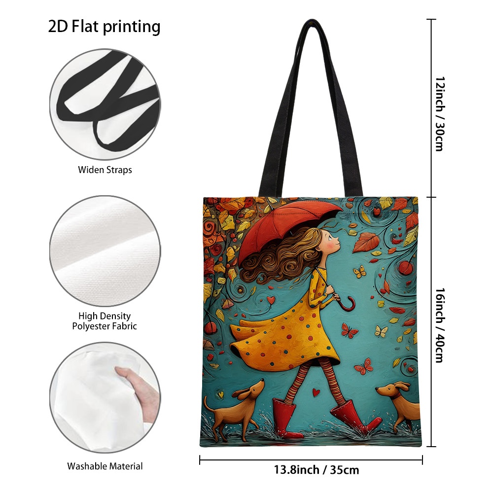 TEMU 1 pz Elegante Borsa Tote Autunnale con Stampa e Ombrello, Borse della Riutilizzabili con Interno Spazioso, Borsa a Spalla Pieghevole Resistente