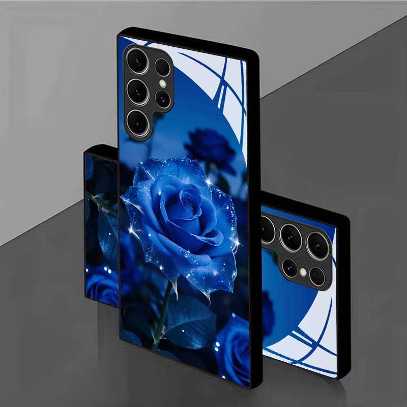 Etui za telefon - Etui za telefon iz kaljenega stekla z vzorcem modre vrtnice, združljiv z Galaxy S25/S25 Edge/S25 Plus/S25