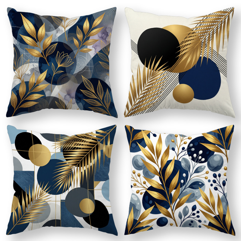 TEMU 4pcs Modern Throw Pillow Covers, Decorative Cushion Cases, Geometric And Foliage With Golden Accents, Blue - Gray Tone. Versatile Pillow Shams